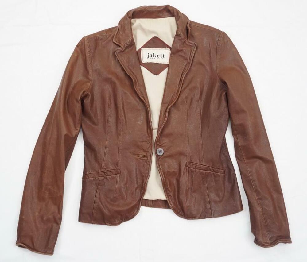 JAKETT NEW YORK WOMEN S USED/PAN MARK BROWN SOFT GENUINE LEATHER BLAZER/JACKET